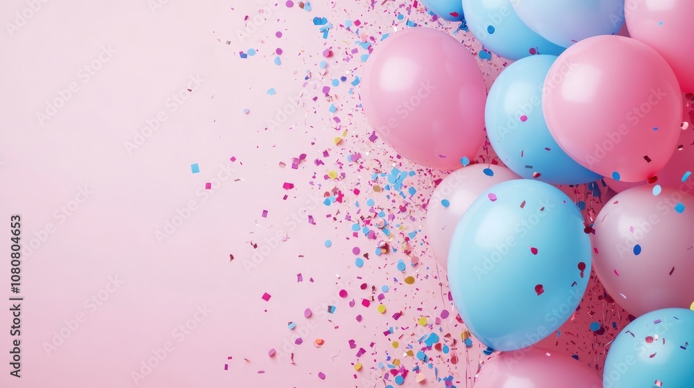 A variety of pink and blue balloons accompanied by colorful confetti on a soft pink backdrop perfect for festive and celebratory occasions A variety of pink and blue balloons accompanied by colorful confetti on a soft pink backdrop perfect for festive and celebratory occasions