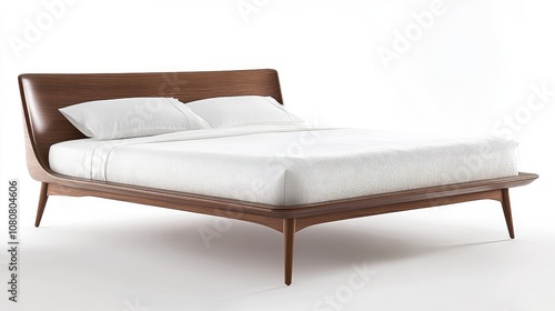 King-size bed with white bedding, set against a pure white background for a sleek, modern look