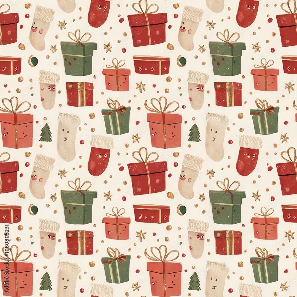 Minimalist decorative background with endless pattern - Christmas gifts and stockings Minimalist decorative background with endless pattern - Christmas gifts and stockings