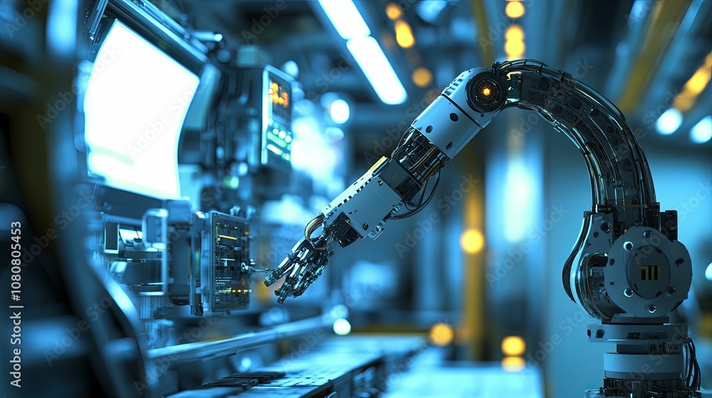 Robotic Arm Interacting with a Machine in a Factory Setting Robotic Arm Interacting with a Machine in a Factory Setting