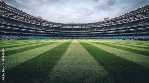 Panoramic view of an empty cricket stadium, showcasing the seating stands, green field, and pitch with no players, creating a calm atmosphere. photo