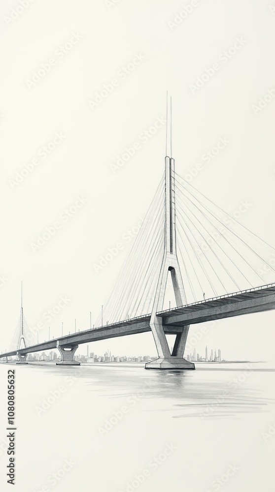 Obraz premium Minimalist Line Drawing of Modern Bridge Over Calm Water