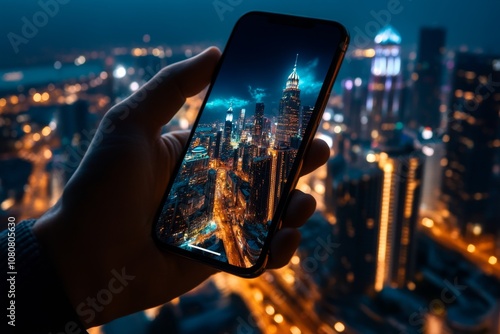 A person using a smartphone with a cityscape background  symbolizing connection and modern life
