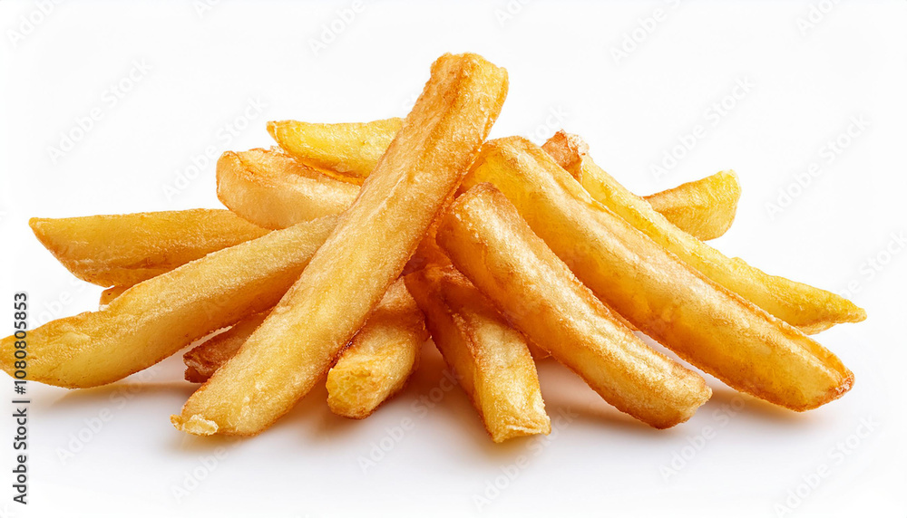 Falling french fries, potato fry isolated on white background, clipping path, full depth of field Falling french fries, potato fry isolated on white background, clipping path, full depth of field