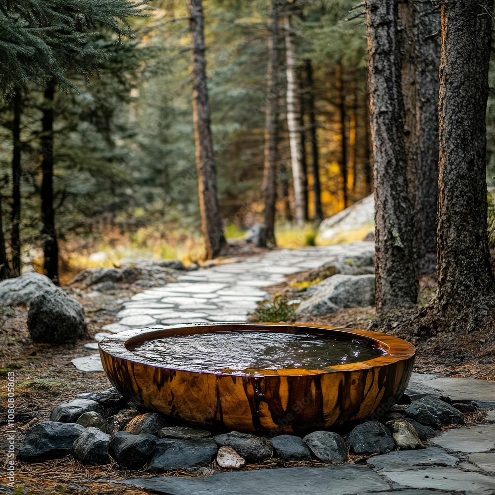 Wooden tub of water in forest setting. Wooden tub of water in forest setting.