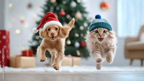 Wallpaper Mural Happy new year and merry Christmas, A playful scene of a dog and a cat running around the Christmas tree, both wearing festive hats, with ornaments dangling, generative ai Torontodigital.ca