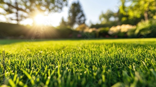 Well manicured grass with a soft focus spring backdrop Low angle perspective