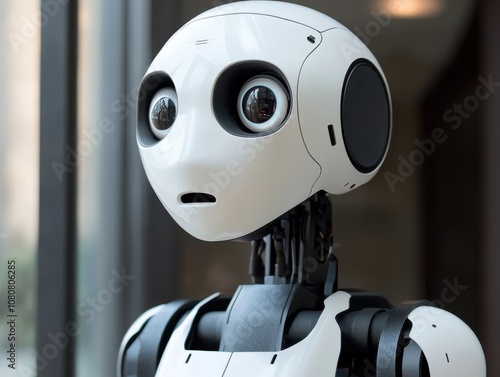 White humanoid robot with large eyes looking curious. photo