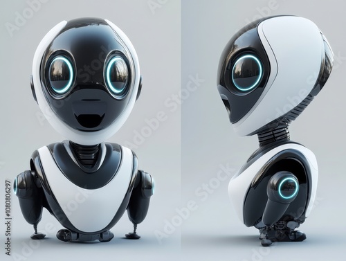 Friendly robot with white and black body and blue eyes rendered in 3D.