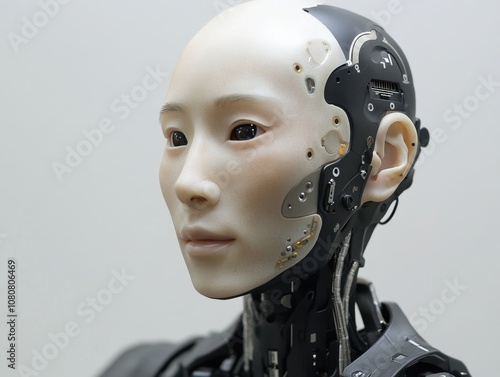 Close-up portrait of a humanoid robot with realistic skin and visible mechanical parts.