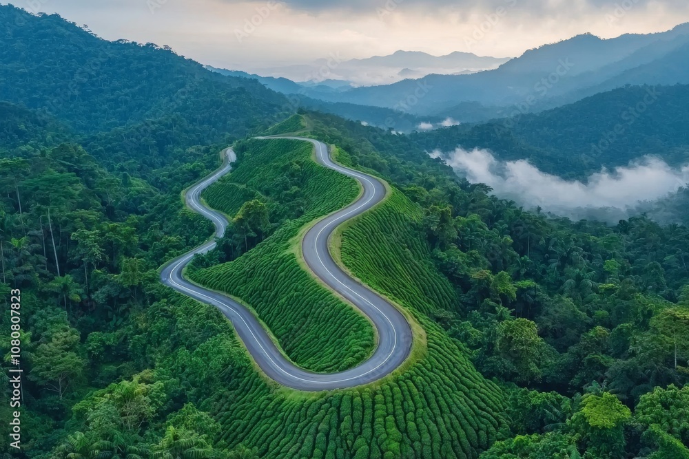 A winding road curves through lush green hills, surrounded by misty mountains and a tranquil landscape, evoking a sense of adventure and serenity. A winding road curves through lush green hills, surrounded by misty mountains and a tranquil landscape, evoking a sense of adventure and serenity.