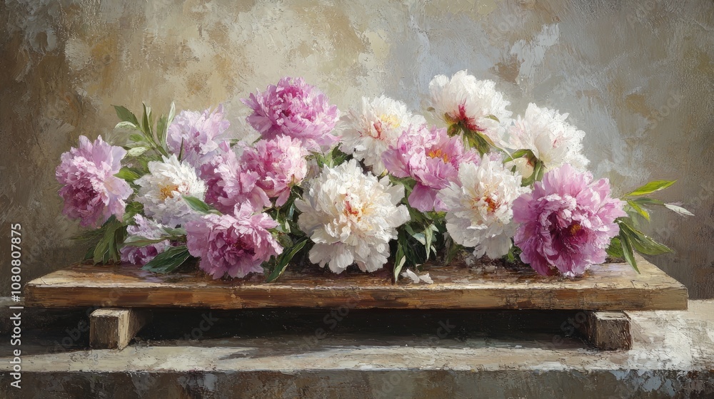 Sunlit scene with freshly arranged peonies on a rustic wooden tray. Light captures the peonies vibrant color and softness Sunlit scene with freshly arranged peonies on a rustic wooden tray. Light captures the peonies vibrant color and softness