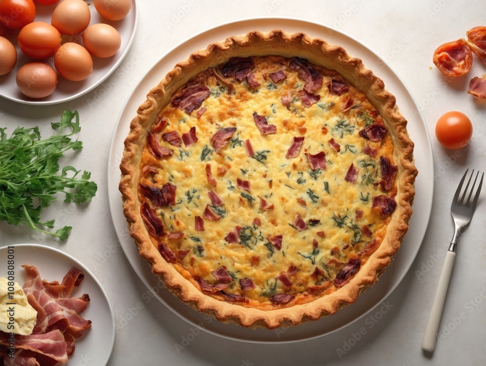 An overhead view of a whole Quiche Lorraine on a neutral-colored ceramic serving plate An overhead view of a whole Quiche Lorraine on a neutral-colored ceramic serving plate