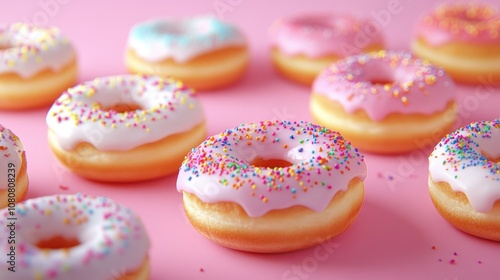 Tempting Assortment of Iced Donuts Topped with Colorful Sprinkles on a Soft Pink Surface