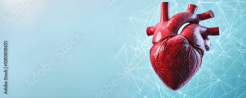 A realistic anatomical heart illustration on a light blue background, symbolizing health, science, and anatomy.