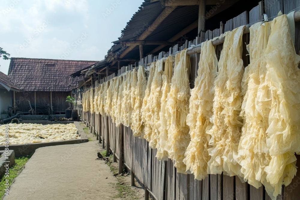 Fototapeta premium Dried fish hang on wooden fence.
