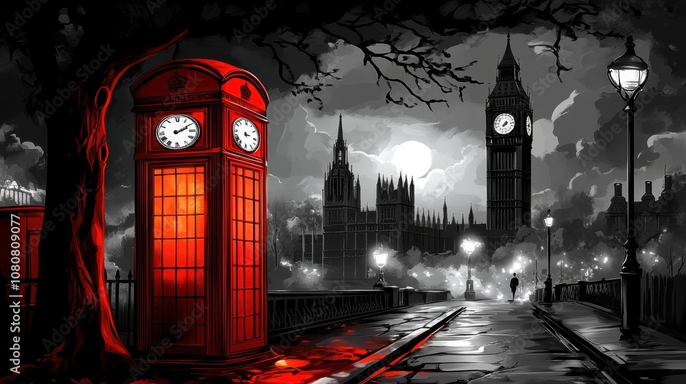 Obraz premium Enigmatic London Nightscape Featuring Red Telephone Booth, Historic Architecture, and Majestic Big Ben Against a Brooding Black and White City Background