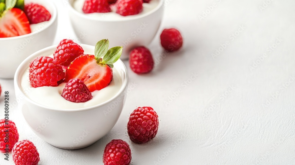 White bowls brimming with yogurt strawberries and raspberries against a plain white backdrop White bowls brimming with yogurt strawberries and raspberries against a plain white backdrop