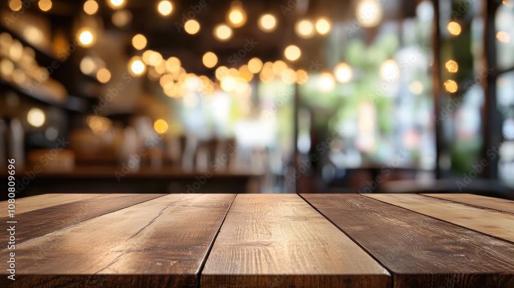 Empty wooden tabletop with a blurred bakery or cafe ambiance featuring an abstract bokeh background Empty wooden tabletop with a blurred bakery or cafe ambiance featuring an abstract bokeh background