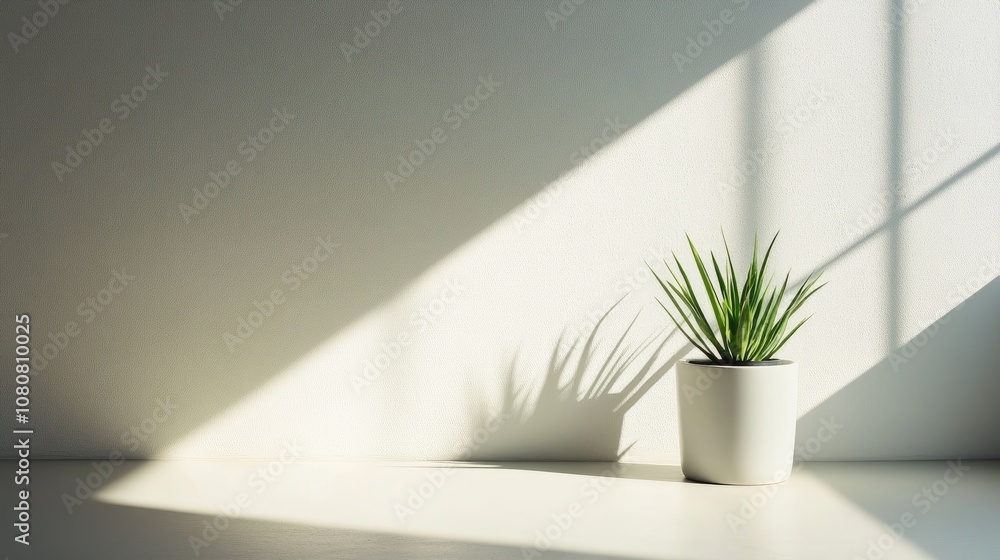 A small potted plant creates a shadow on a bright minimalist wall bringing a hint of nature to contemporary decor A small potted plant creates a shadow on a bright minimalist wall bringing a hint of nature to contemporary decor