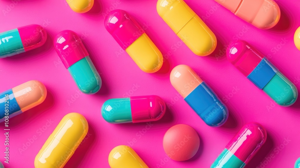 Vibrant neon pills against a pink backdrop Vibrant neon pills against a pink backdrop