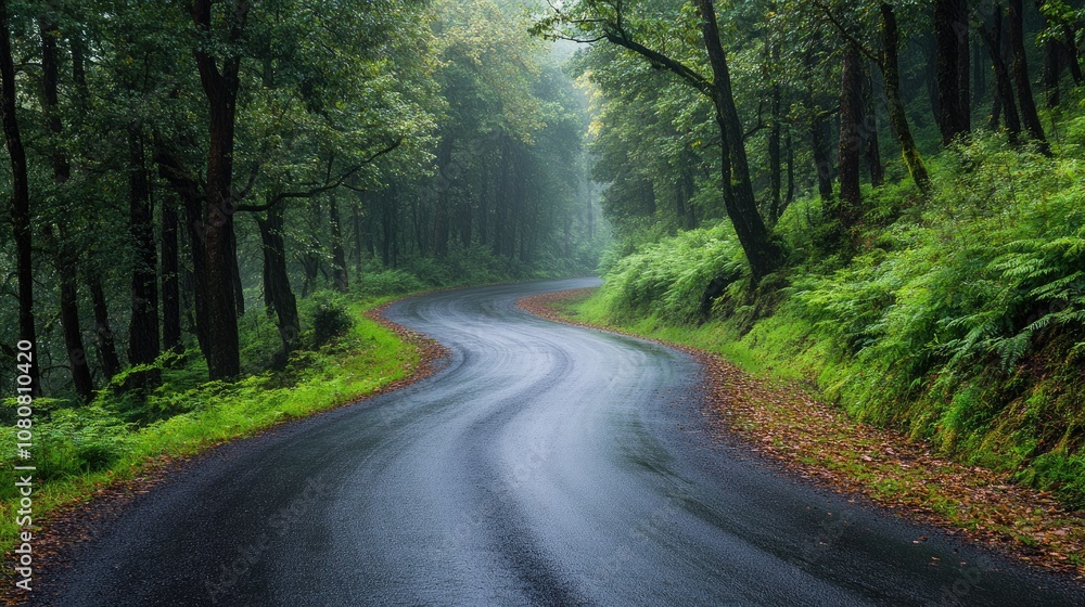 Naklejka premium A picturesque road meandering through a vibrant forest filled with abundant greenery