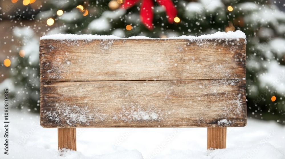 Fototapeta premium Wooden sign in winter setting blank for text, surrounded by snowy landscape and festive decorations, creating a cozy holiday atmosphere with bokeh lights.