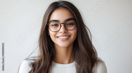 Smiling young woman with long dark hair and stylish eyeglasses, showcasing a bright and cheerful expression against a light neutral background suitable for lifestyle and beauty concepts