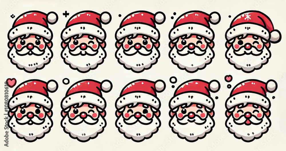 A set of Santa Claus faces, each wearing a classic red Santa hat with white trim and a fluffy pom-pom A set of Santa Claus faces, each wearing a classic red Santa hat with white trim and a fluffy pom-pom