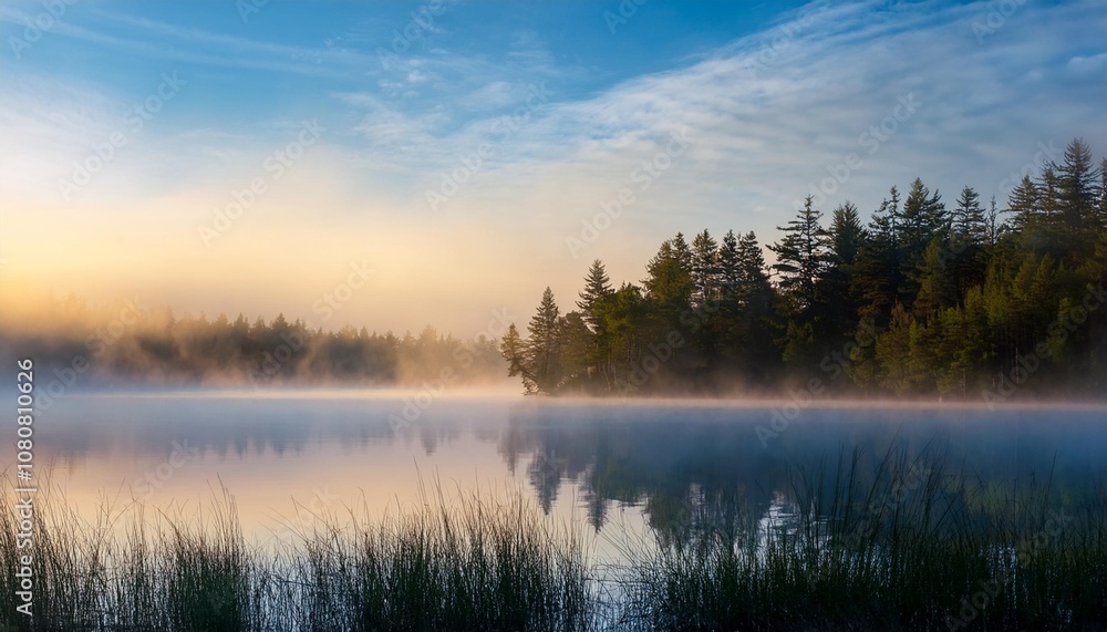 Misty Morning on a Tranquil Lake With Rolling Fog Hovering Over the Water and a Distant Forest Just Visible Through the Hazy Light of Dawn Misty Morning on a Tranquil Lake With Rolling Fog Hovering Over the Water and a Distant Forest Just Visible Through the Hazy Light of Dawn