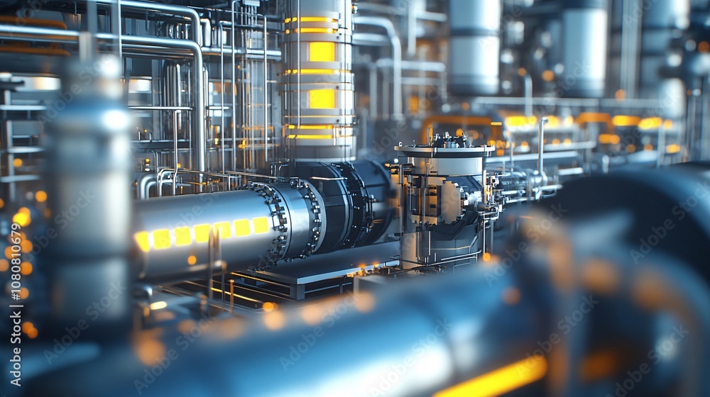 Futuristic industrial refinery processing chemical substances with pipes and tanks Futuristic industrial refinery processing chemical substances with pipes and tanks