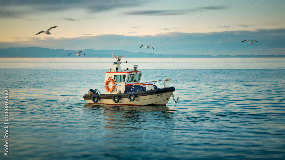 Rescue boat on tranquil waters with life buoy, prepared for action, surrounded by serene blue sea and distant horizon, with seagulls flying overhead. Rescue boat on tranquil waters with life buoy, prepared for action, surrounded by serene blue sea and distant horizon, with seagulls flying overhead.