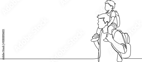 continuous single line drawing of father carrying child on his shoulders, line art vector illustration