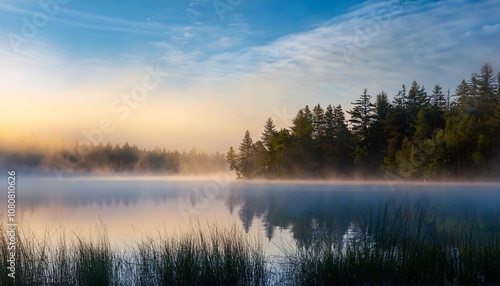 Misty Morning on a Tranquil Lake With Rolling Fog Hovering Over the Water and a Distant Forest Just Visible Through the Hazy Light of Dawn