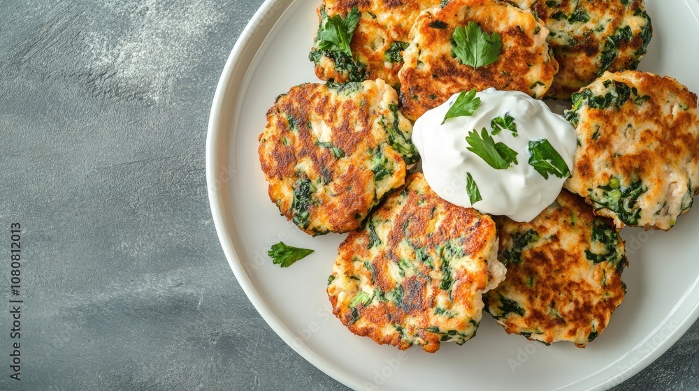 Cheesy spinach and chicken fritters served on a white plate with a dollop of sour cream Bird s eye view with room for additional text Cheesy spinach and chicken fritters served on a white plate with a dollop of sour cream Bird s eye view with room for additional text
