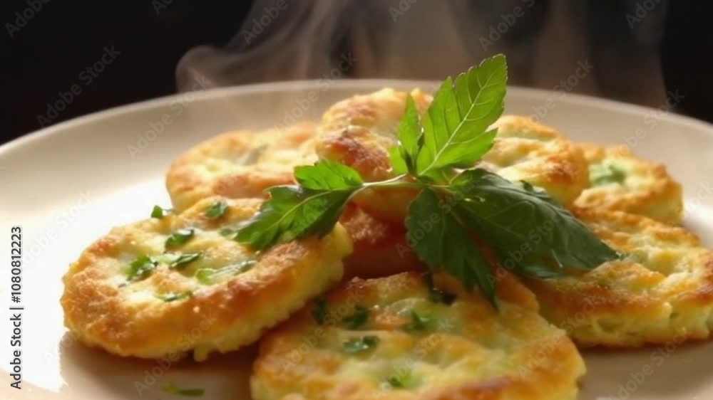 Overhead 4K Video Shot of Crispy Fritters Garnished with Fresh Herbs in Warm Lighting Overhead 4K Video Shot of Crispy Fritters Garnished with Fresh Herbs in Warm Lighting