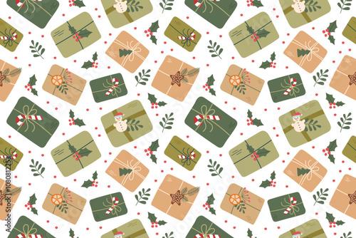 Christmas seamless pattern of ecological gift boxes on white background. Sustainable Christmas concept. Christmas wrapping paper.