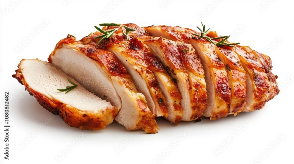 Sliced Turkey Breast with Herbs on White Background Sliced Turkey Breast with Herbs on White Background