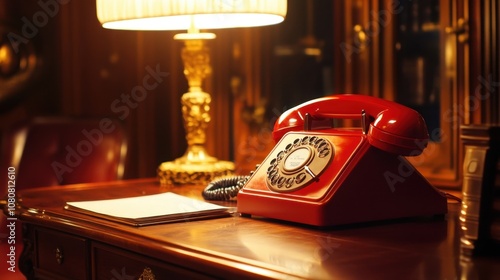 Vintage red rotary telephone on an elegant wooden desk illuminated by a warm lamp, creating a nostalgic atmosphere that evokes a classic, sophisticated ambiance. photo