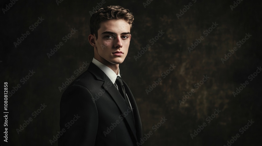 Portrait of a young businessman in a formal black suit standing alone against a dark backdrop Portrait of a young businessman in a formal black suit standing alone against a dark backdrop