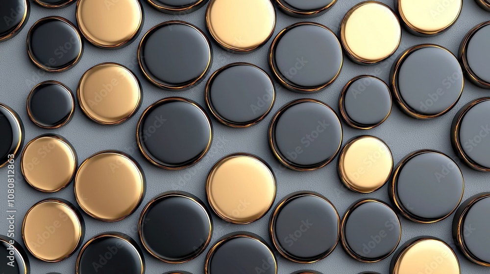Elegant metallic wallpaper design featuring interspersed black and gold circles on a sophisticated gray backdrop, offering a seamless and luxurious visual appeal. Elegant metallic wallpaper design featuring interspersed black and gold circles on a sophisticated gray backdrop, offering a seamless and luxurious visual appeal.