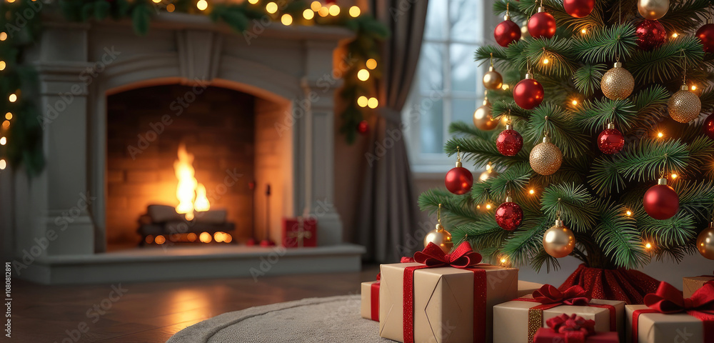 Christmas tree in ornaments with gifts in the background of the fireplace in the living room. Festive atmosphere, New Year vacations, Merry Christmas banner Christmas tree in ornaments with gifts in the background of the fireplace in the living room. Festive atmosphere, New Year vacations, Merry Christmas banner