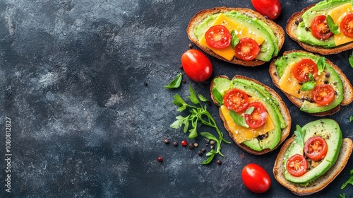 Nutritious toasts topped with avocado cheddar and tomatoes ideal for breakfast or lunch Vegetarian sandwiches perfect for a plant based diet Whole food concept with ample copy space photo