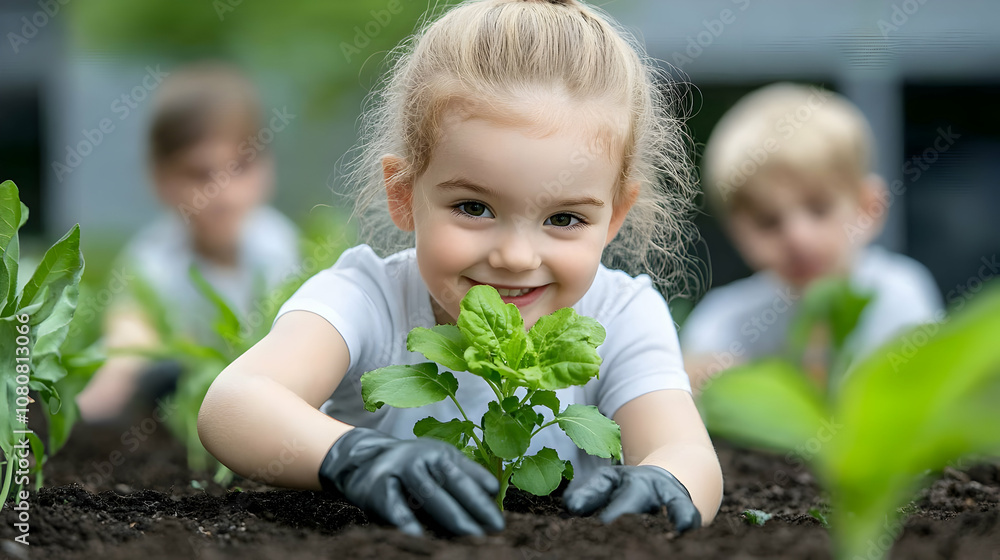 Kids at a community garden, tending to their plants and flowers with enthusiasm. Planting Kids at a community garden, tending to their plants and flowers with enthusiasm. Planting