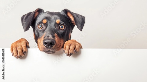 Adorable Dog hiding behind a blank white sign creating space for custom text photo