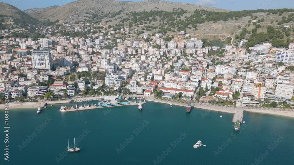 Aerial drone video of the coastal town named Sarandë in Albania. Aerial drone video of the coastal town named Sarandë in Albania.