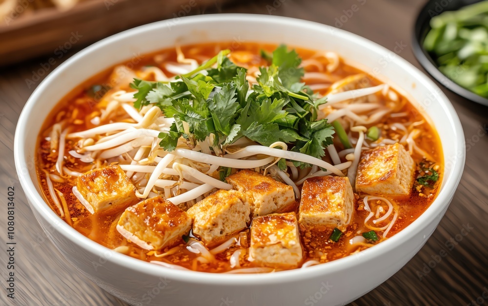 Delicious bowl of spicy noodle soup topped with fresh herbs and tofu. Delicious bowl of spicy noodle soup topped with fresh herbs and tofu.