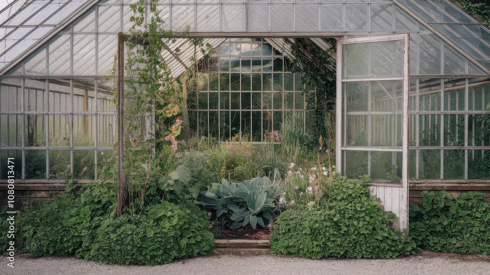 A serene view of a glass greenhouse filled with lush greenery and vibrant plants, inviting a sense of tranquility and connection to nature. A serene view of a glass greenhouse filled with lush greenery and vibrant plants, inviting a sense of tranquility and connection to nature.