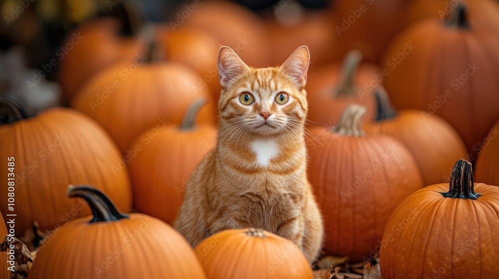Orange cat among pumpkins during fall harvest vertical orientation Halloween theme Orange cat among pumpkins during fall harvest vertical orientation Halloween theme