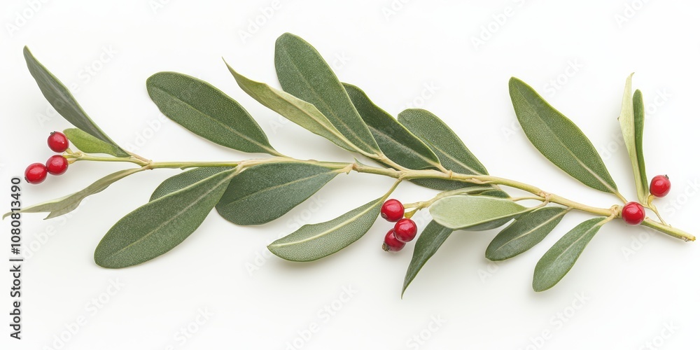 Naklejka premium Fresh Olive Branch with Glossy Green Leaves and Bright Red Berries Perfect for Decorating, Culinary Use, or Artistic Arrangements in Various Settings